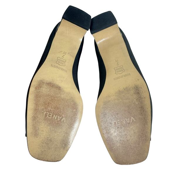 VAN ELi East Black Satin Block Heel Open Toe Slip On Pumps Leather Sole Size 7 - Picture 4 of 7